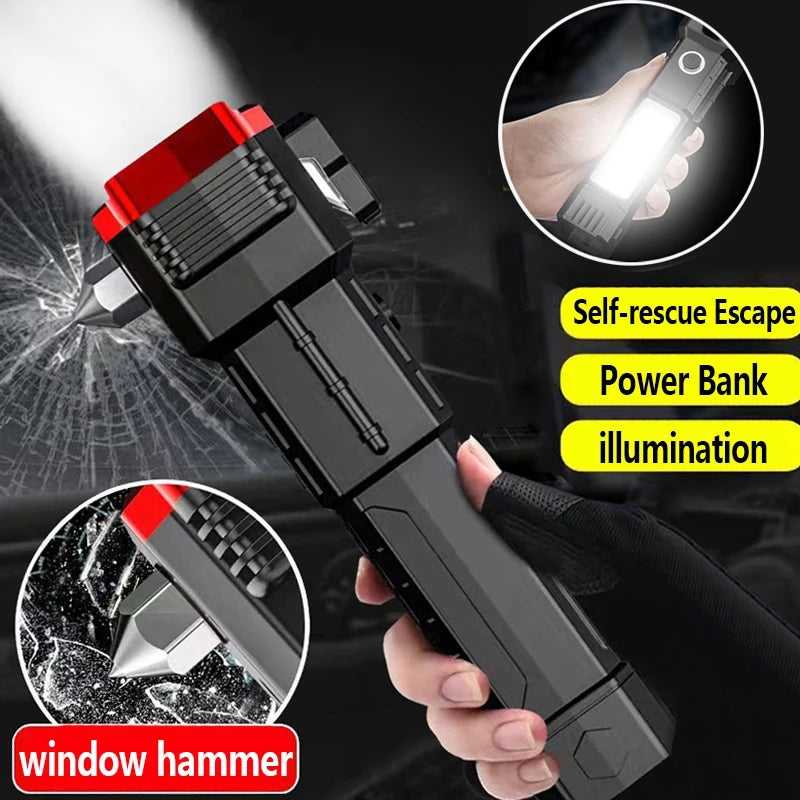 High Power LED Flashlight with Power Bank & Emergency Window Hammer
