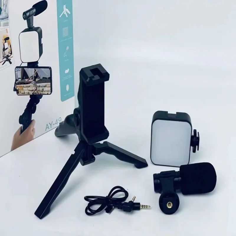 3-in-1 Vlogging Kit AY-49– Tripod, Microphone & LED Fill Light