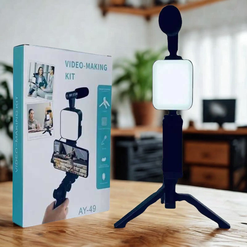 3-in-1 Vlogging Kit AY-49– Tripod, Microphone & LED Fill Light