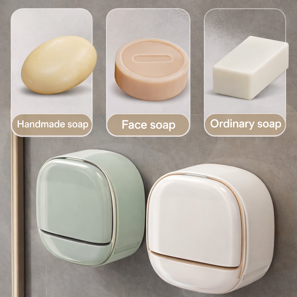 Wall-Mounted Soap Holder with Cover – Double Layer, No-Drill Design