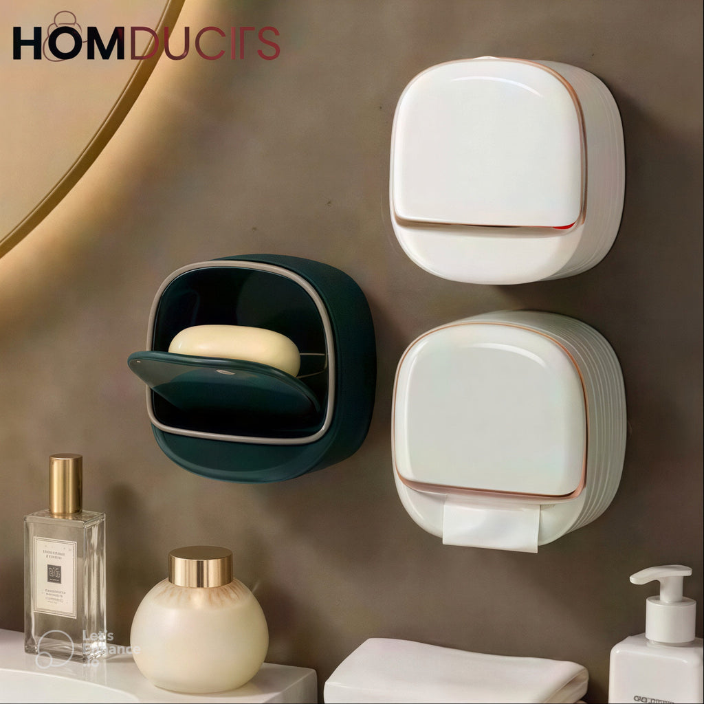 Wall-Mounted Soap Holder with Cover – Double Layer, No-Drill Design
