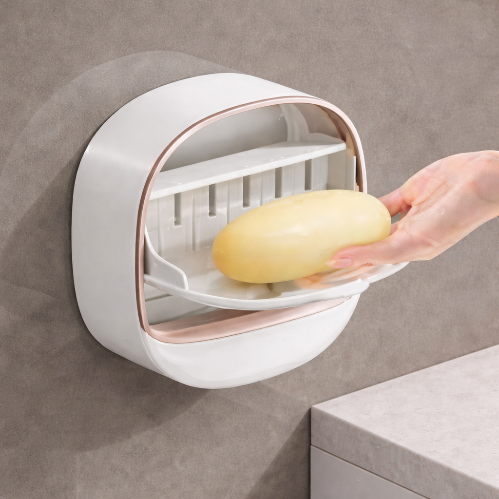 Wall-Mounted Soap Holder with Cover – Double Layer, No-Drill Design